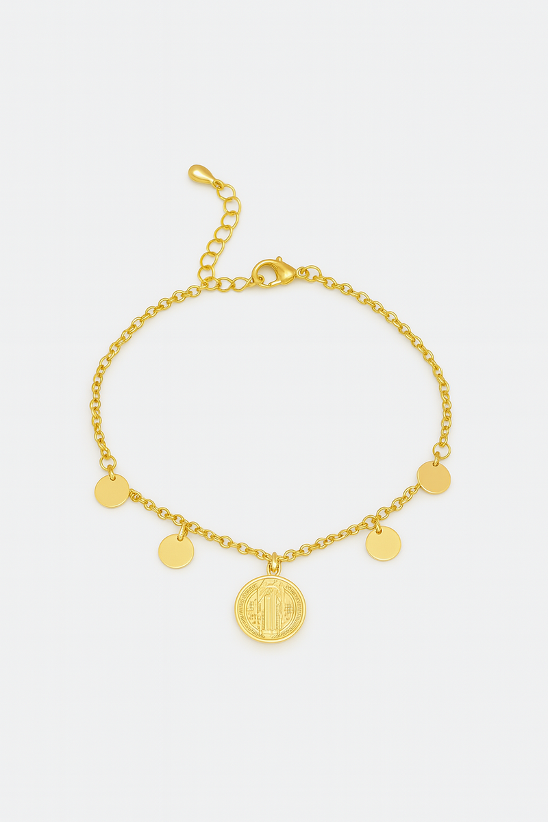 Pulseira Dourada com Medalha de São Bento e Pingentes Lisos