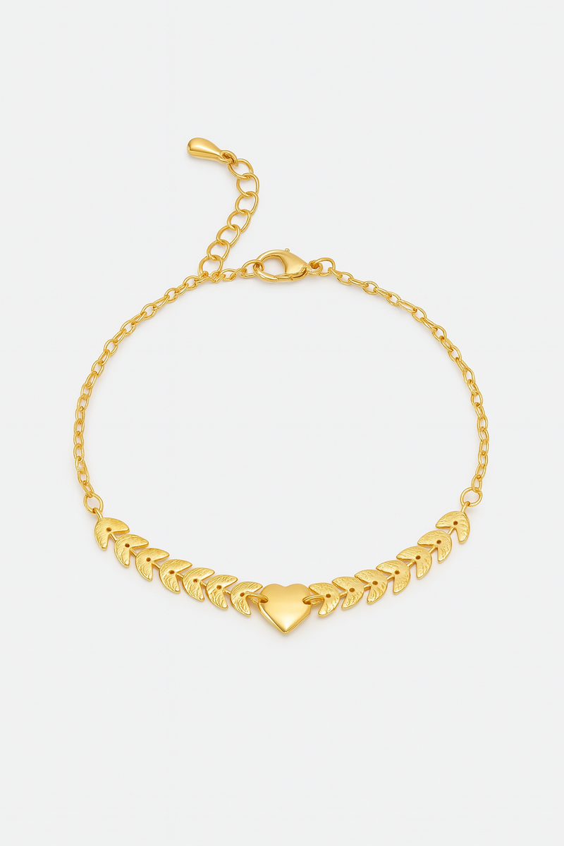 Pulseira Dourada Coração Folhas – Amor e Leveza