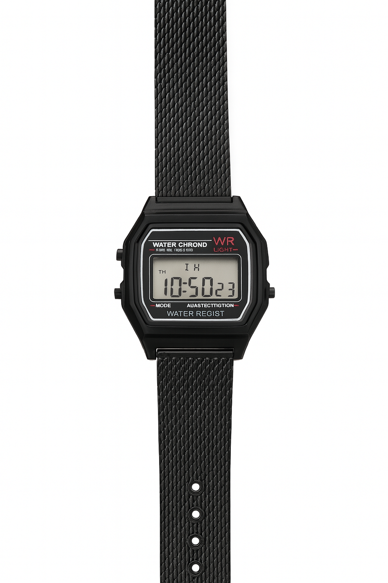 Relógio Digital Retro Black ‑ Pulseira Texturizada & Resistência à Água