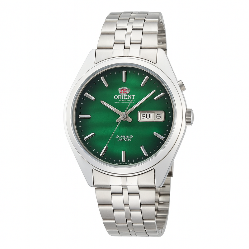 Relógio Orient Emerald Day‑Date – Mostrador Verde Sunburst & Pulseira Jubilee