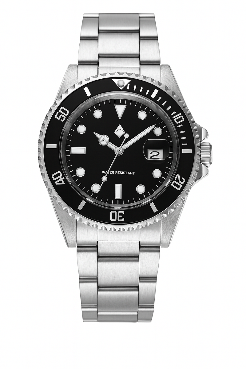 Relógio Diver Black Steel – Aço Escovado & Mostrador Preto Clássico