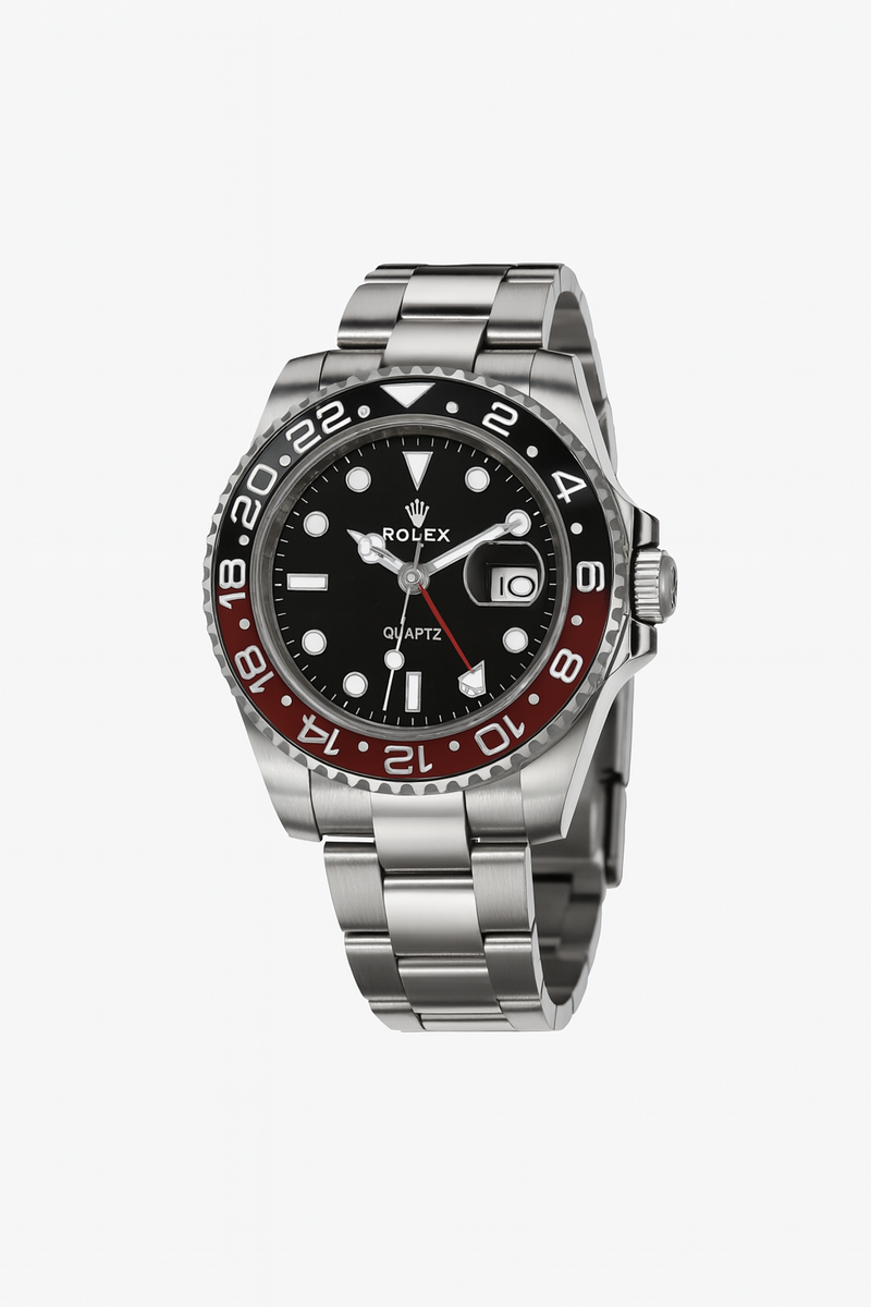 Relógio GMT Explorer ‑ Aço Inox & Bisel Preto‑Vinho 24 H
