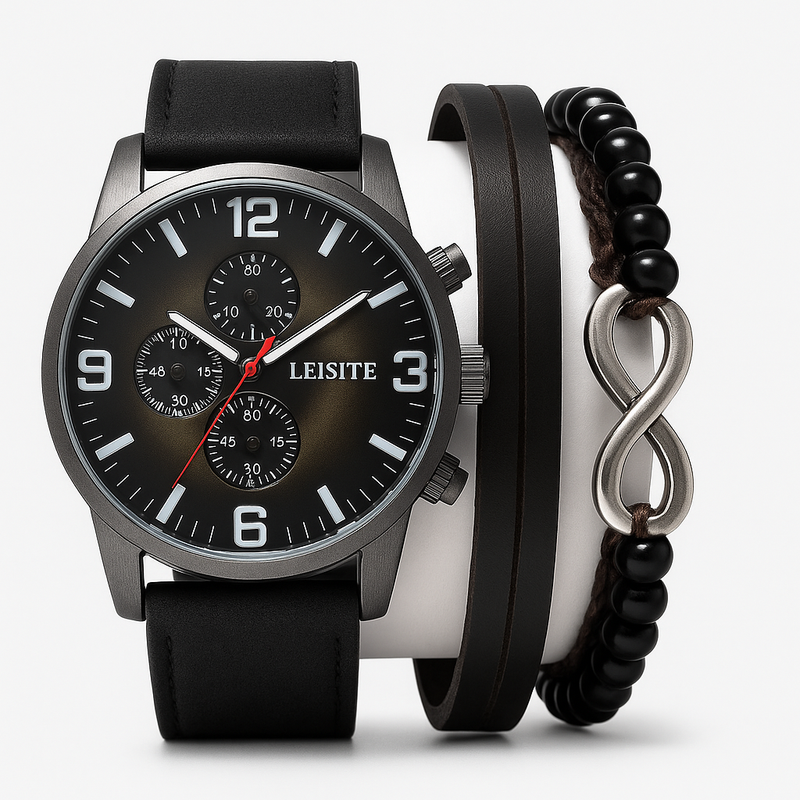 Kit Leisite Chrono Fumê – Relógio Gunmetal + Pulseira Couro Duplo & Pulseira Infinito Ônix (3 peças)