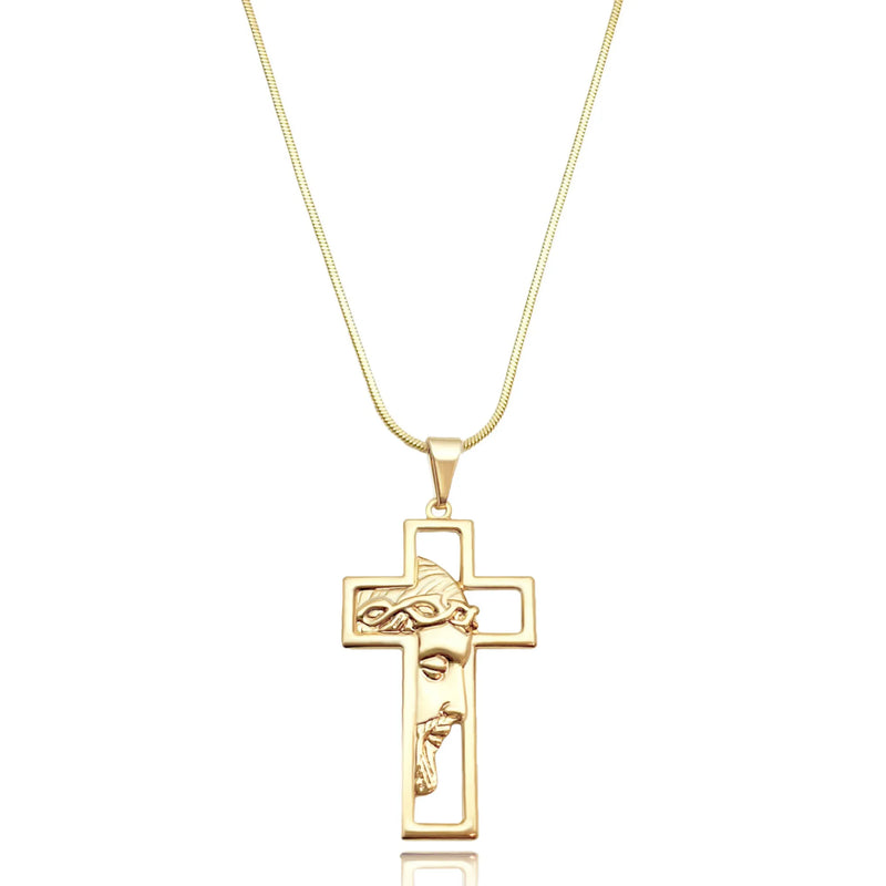 Cordão Cauda‑de‑Rato 45 cm com Cruz Vazada & Rosto de Cristo Folheado a Ouro 18k – Devoção e Estilo | FP Jóias