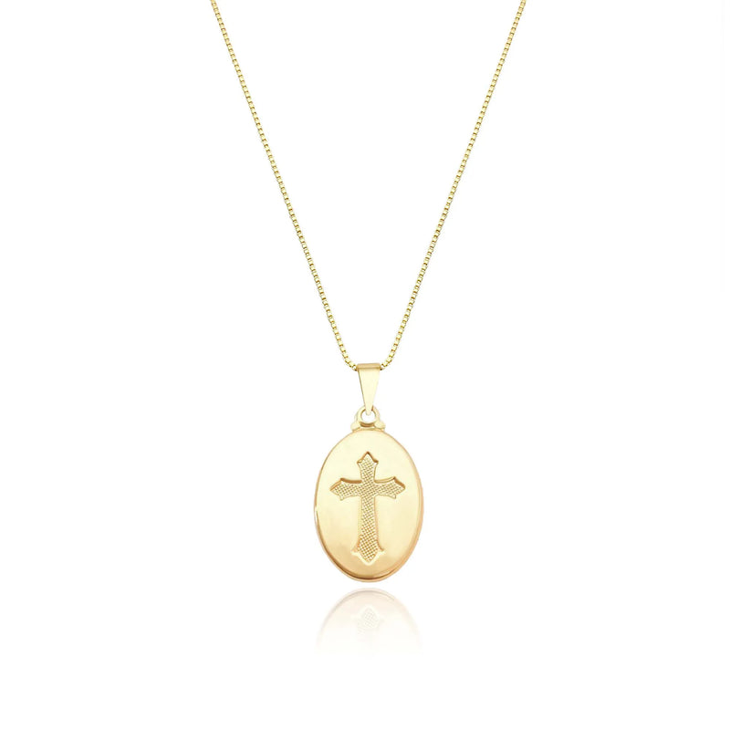 Cordão Veneziana 45 cm com Medalha Oval & Cruz em Baixo‑Relevo Folheado a Ouro 18k – Fé & Delicadeza | FP Jóias